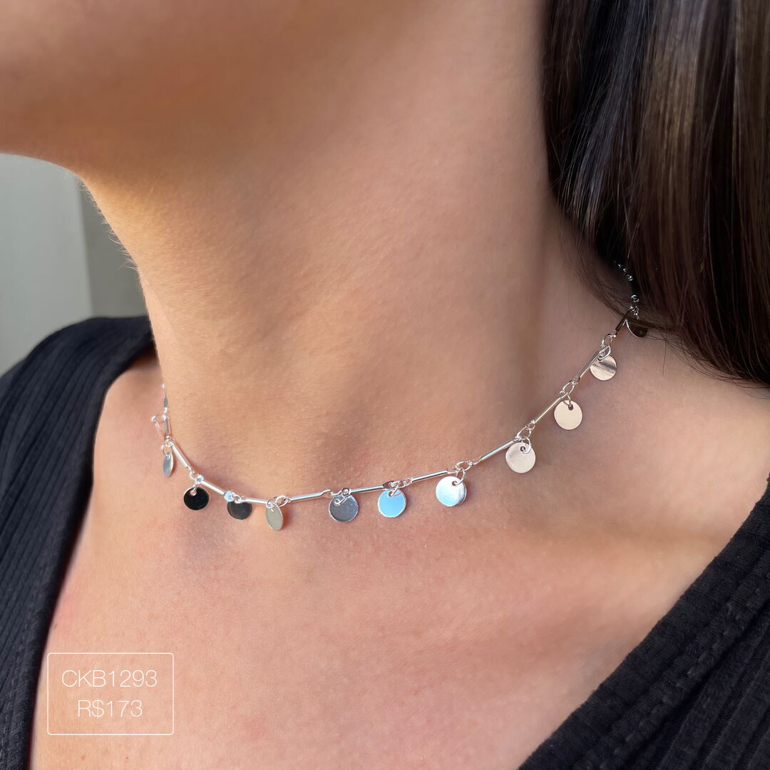 Choker Palito e Moedinha Liso Prateado